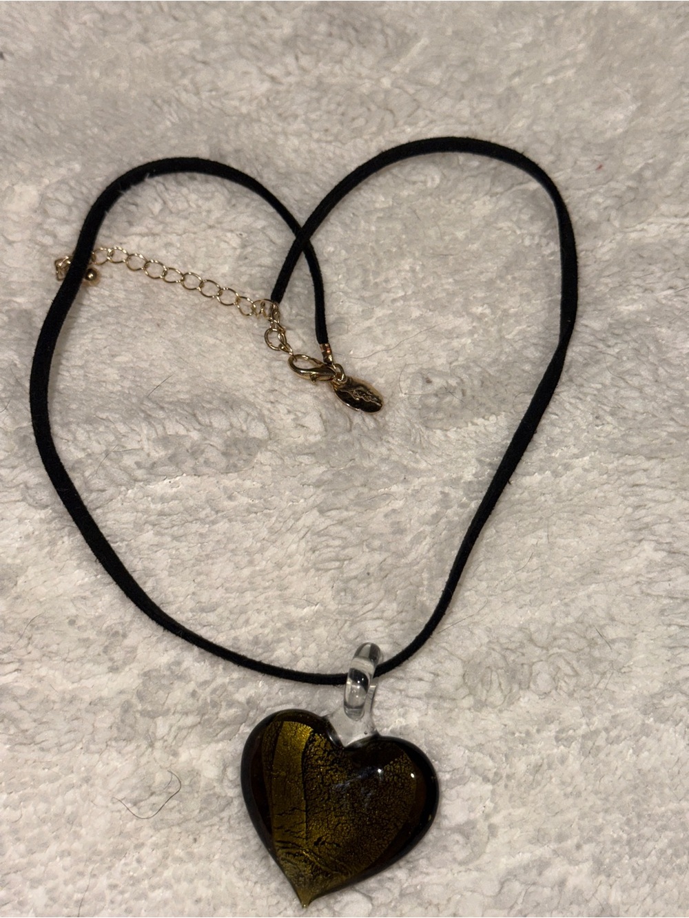 Heart Glass Pendant Necklace in Olive-Gold on Black Cord
